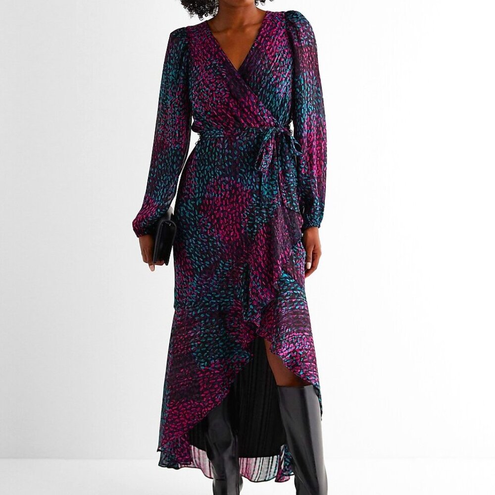 Purple/Turquoise Ruffle Hi-Lo Faux Wrap Metallic Maxi Dress ($110)